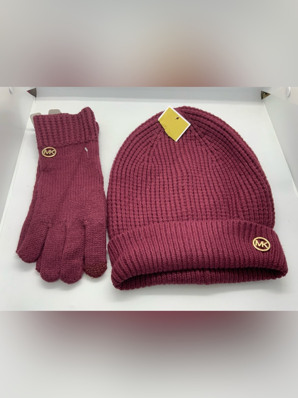 Michael Kors Wine Ribbed Knit Beanie with Matching Gloves